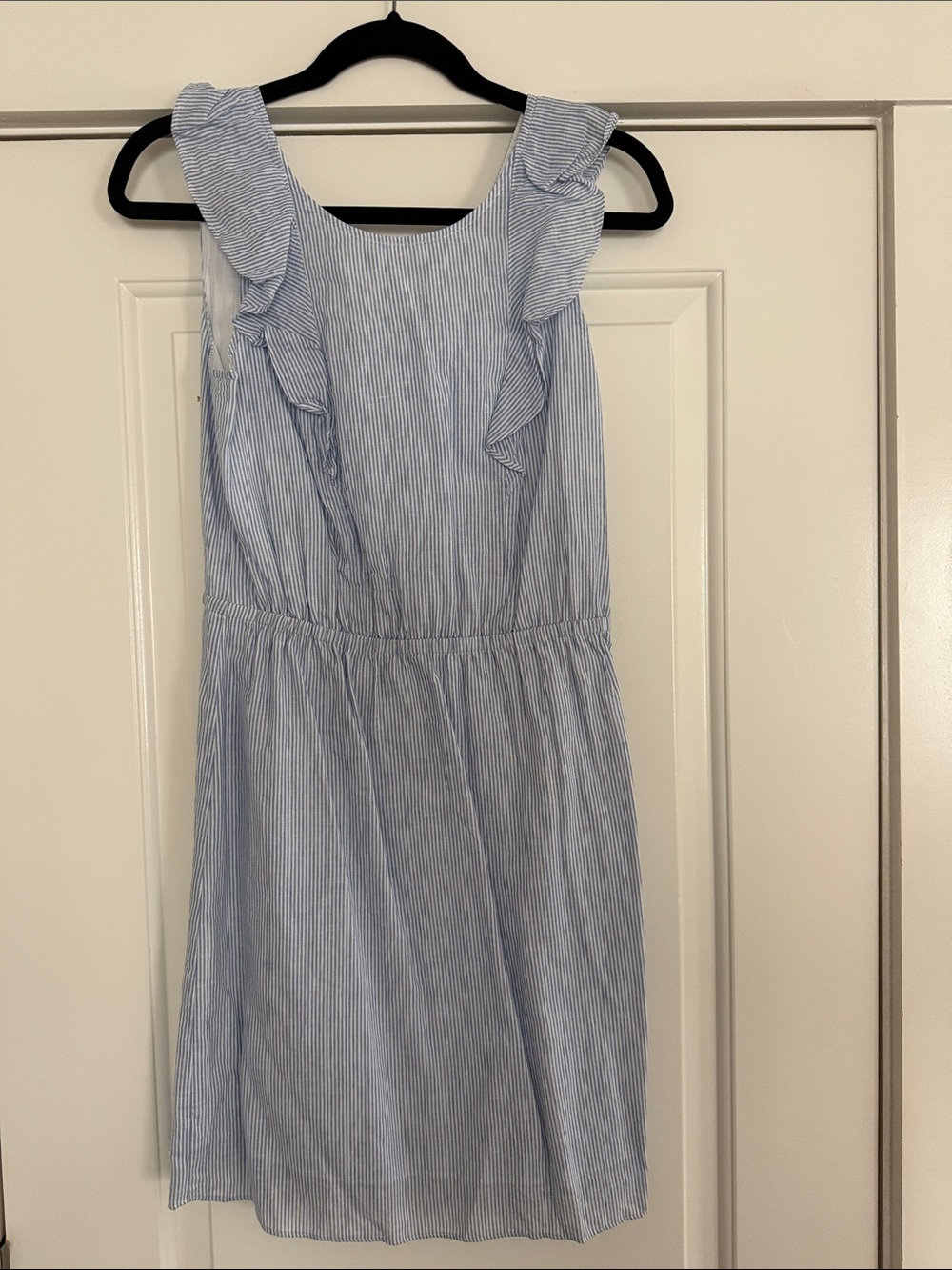 J.Crew Light Blue Striped Ruffle-Shoulder Women’s Dress